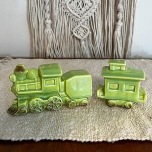 Green Train Salt and Pepper Shakers Vintage Collector's Choo-Choo  (3309)